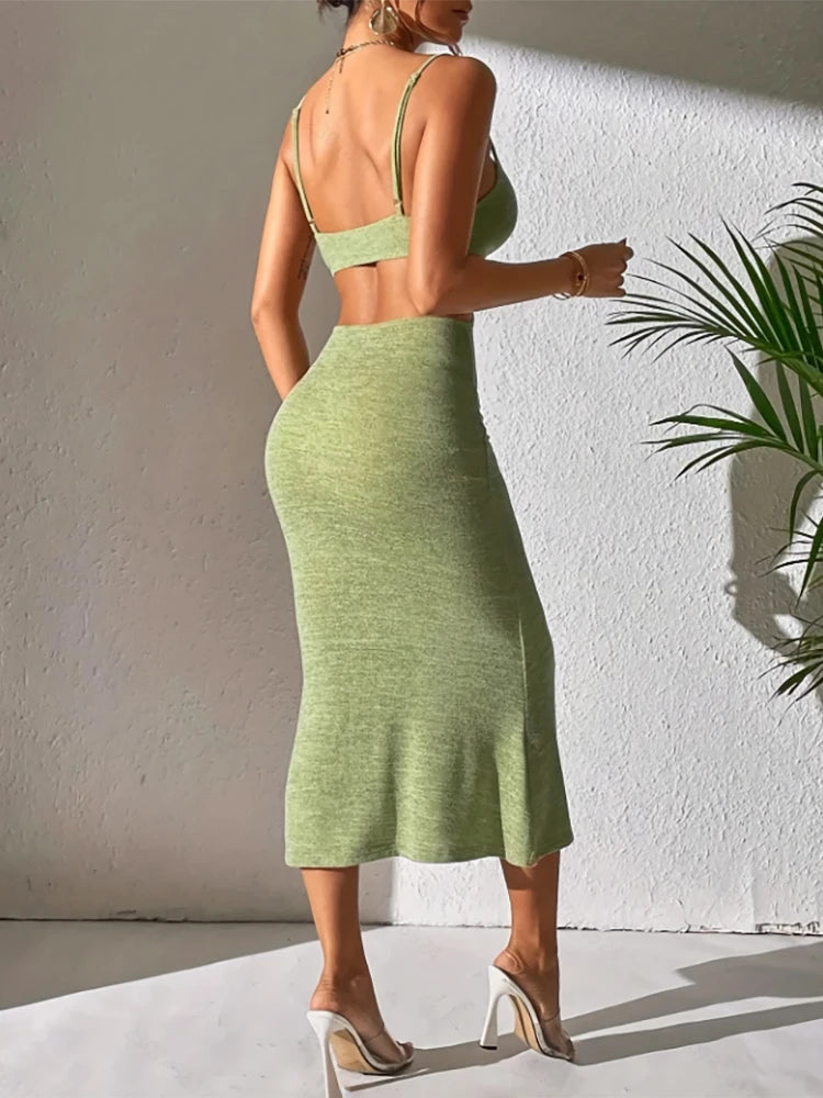 Robe longue de plage sexy Camisole Sans dos Été Nouveau style Vacances Décontractée Élégante Robe sans manches Ajustée Soirée Club Robe de soleil