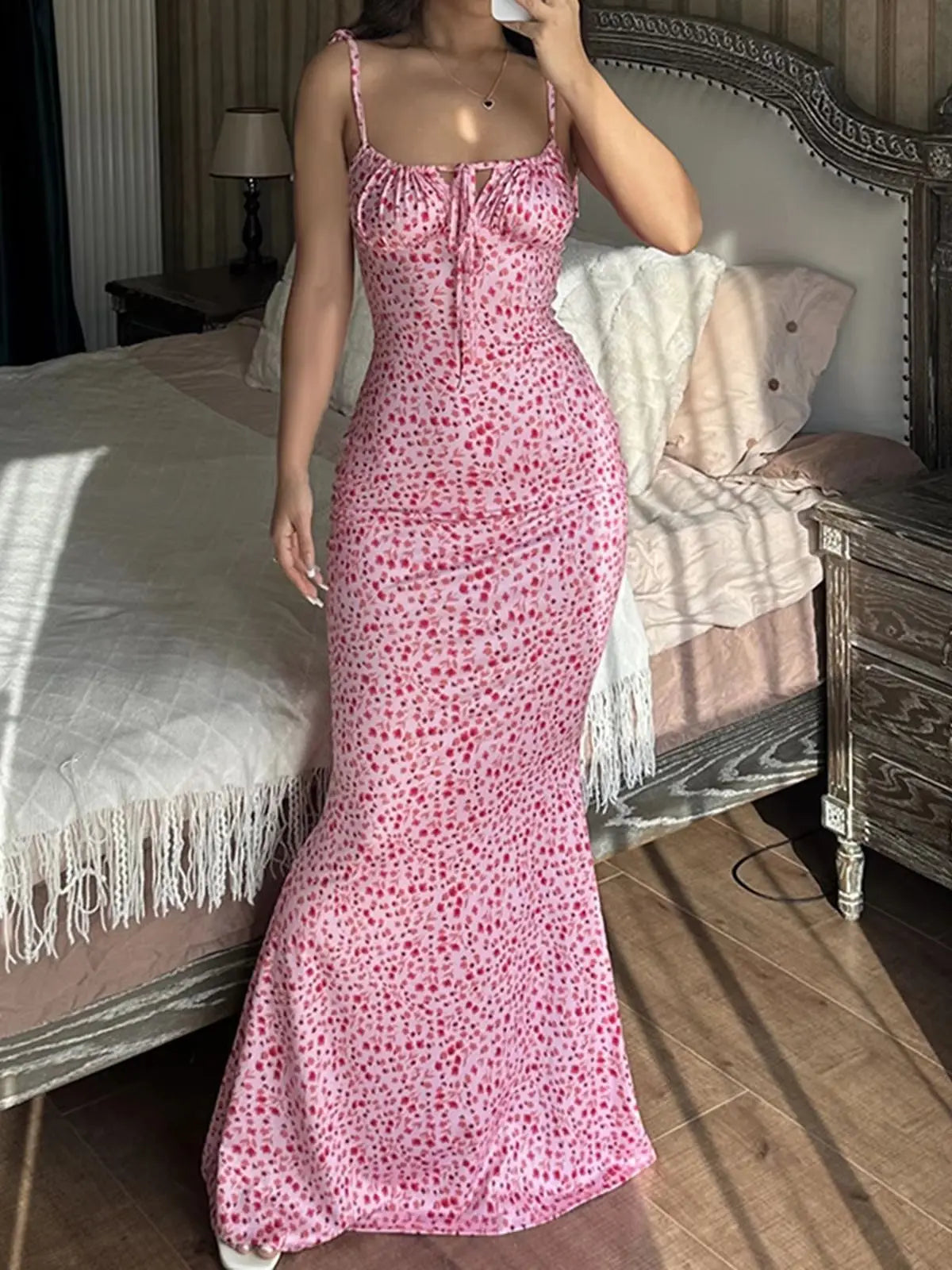 Robe mi-longue d'été à fleurs 2025, pour femme, à bretelles spaghetti, à nouer, col en V, fendue, sexy, vintage, élégante.