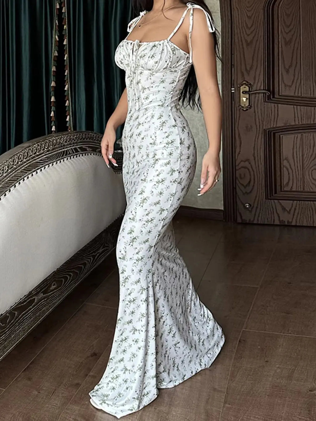 Robe mi-longue d'été à fleurs 2025, pour femme, à bretelles spaghetti, à nouer, col en V, fendue, sexy, vintage, élégante.
