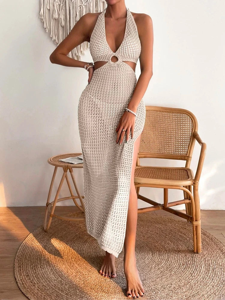Robe en laine à la mode et élégante pour femmes, bikini, blocs de couleur, col rond, jupe ajourée