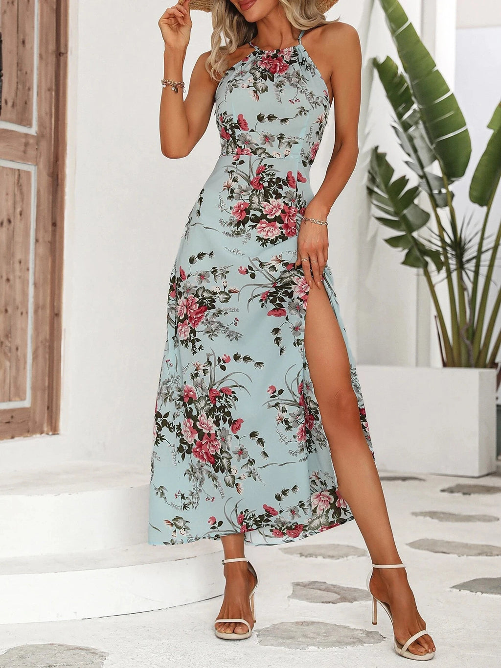 Robe licou fendue sur la cuisse à imprimé floral pour femme - sans manches, moulante, sexy, pour la plage ou les clubs
