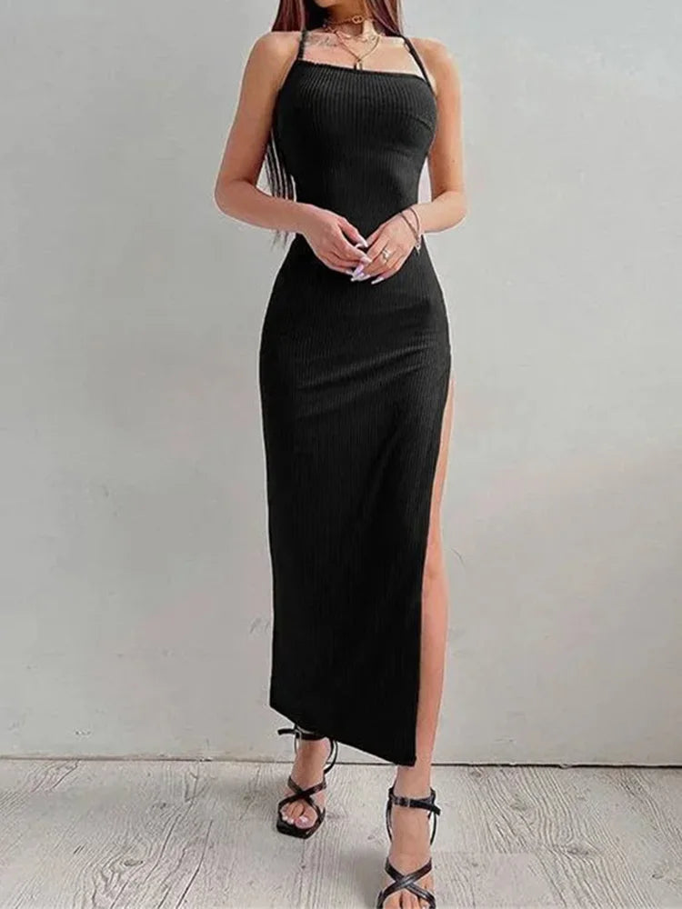 Robe longue fourreau noire sexy pour femme, été, sans manches, dos nu, col licou, bretelles spaghetti, fente haute, Vestidos