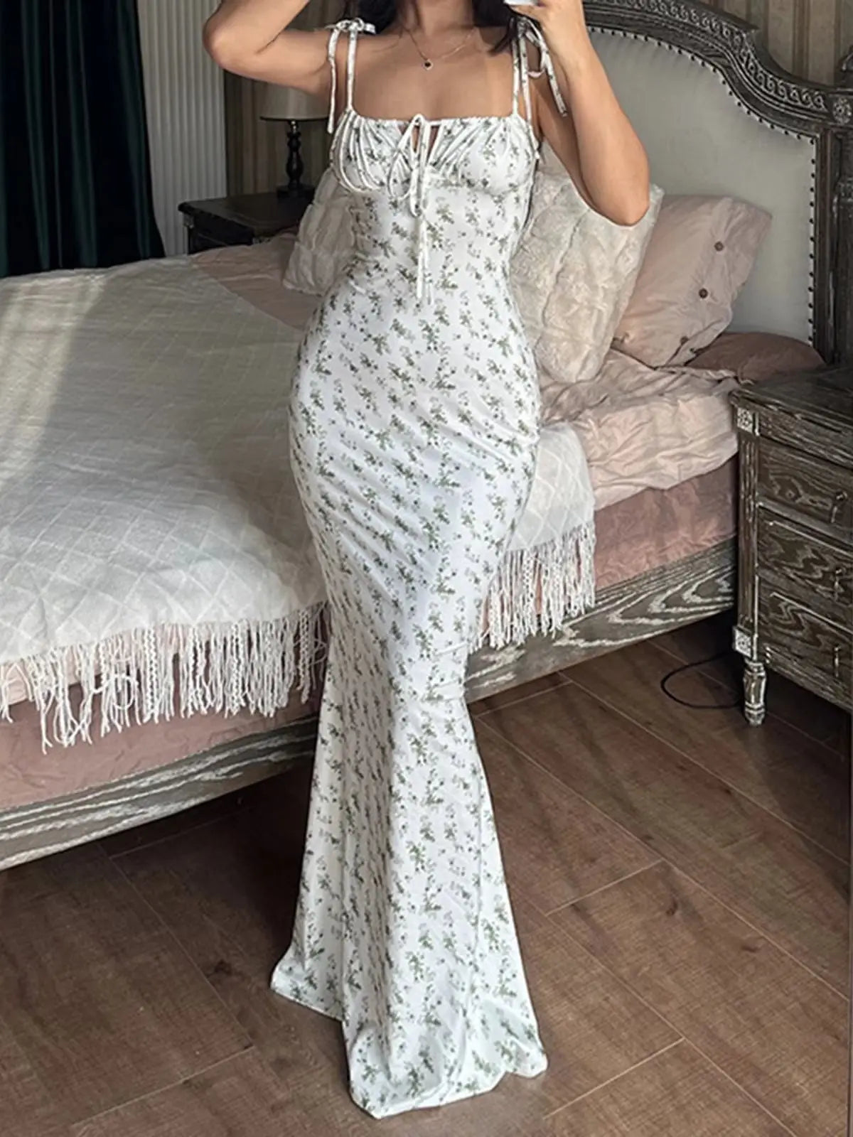 Robe mi-longue d'été à fleurs 2025, pour femme, à bretelles spaghetti, à nouer, col en V, fendue, sexy, vintage, élégante.