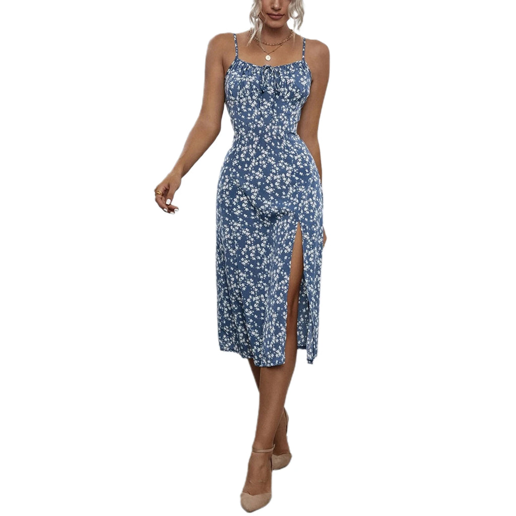 Robe d'été florale pour femme 2026 Tendance, robe à fines bretelles sans manches imprimé fleuri avec fente haute pour femme