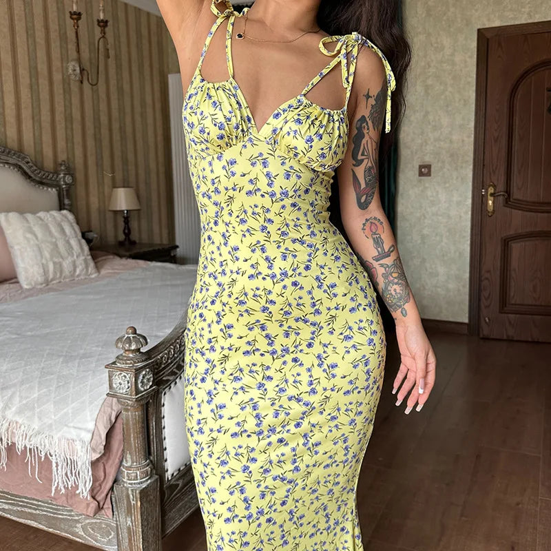 Hugcitar Robe longue élégante et moulante à fleurs pour femme, style bohème, tenue de ville, été 2026, vente en gros d'articles pour entreprises