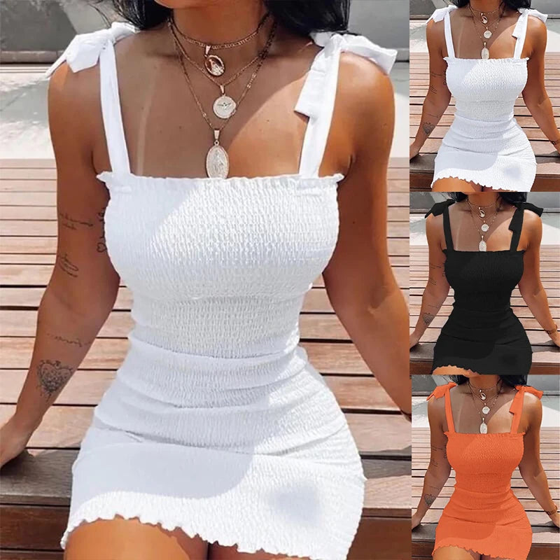 Robes courtes blanches à bretelles unies, tendance, épaules dénudées, jupe sexy, pull, fourreau, mini robe d'été de plage pour femme.