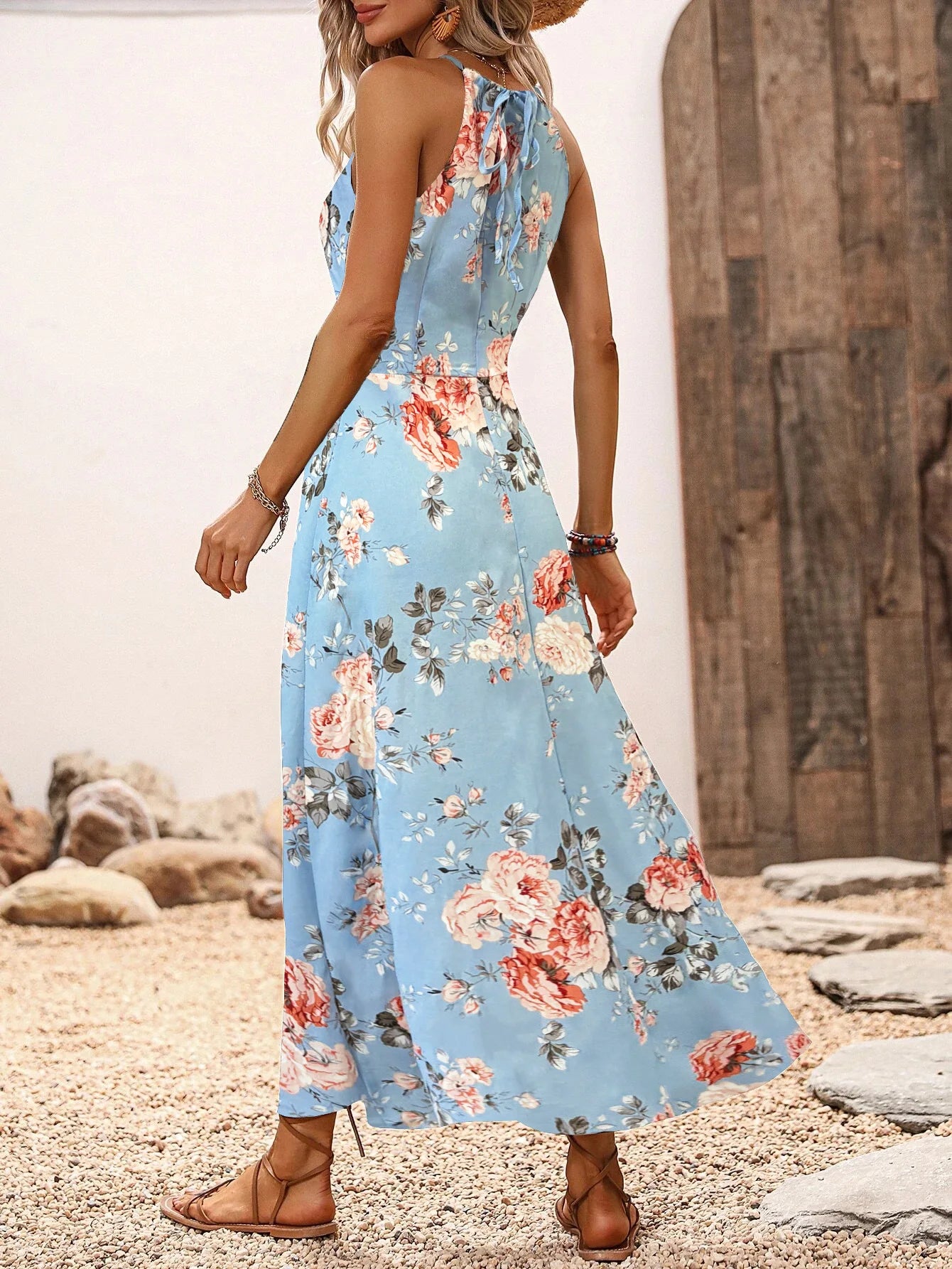 Robe licou fendue sur la cuisse à imprimé floral pour femme - sans manches, moulante, sexy, pour la plage ou les clubs