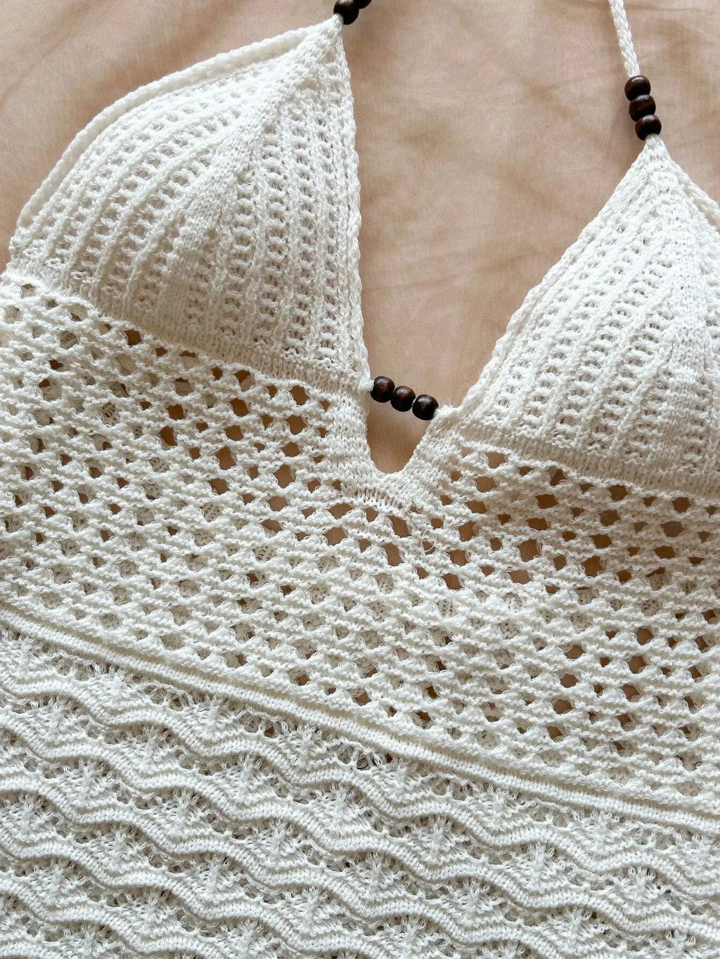 Robe sans bretelles à col en V pour femmes, creuse, avec perles en bois, coupe slim, couleur dégradée, tricotée, sexy, tenue de vacances