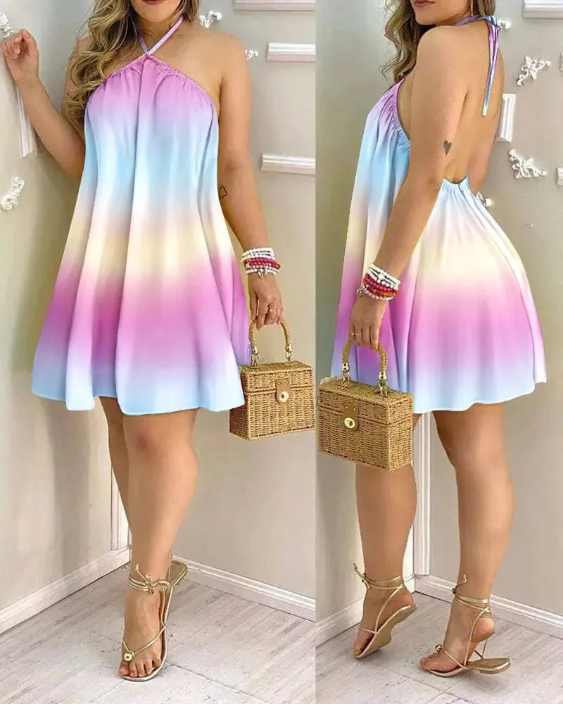 Robe imprimée florale à col dos nu style bohème pour le printemps et l'été. Vêtements pour femmes.