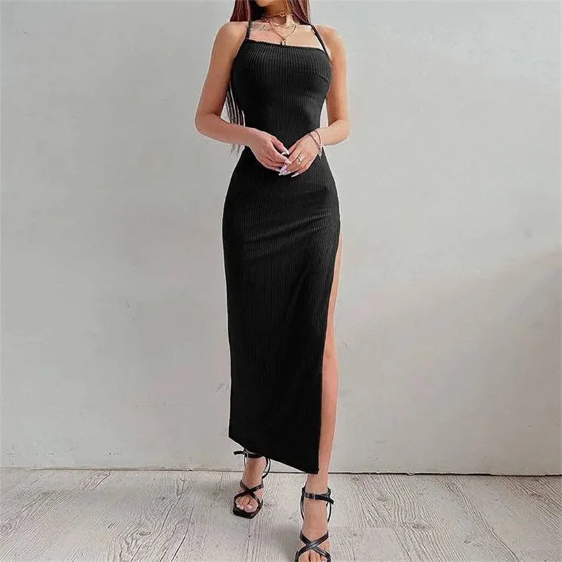 Robe longue fourreau noire sexy pour femme, été, sans manches, dos nu, col licou, bretelles spaghetti, fente haute, Vestidos