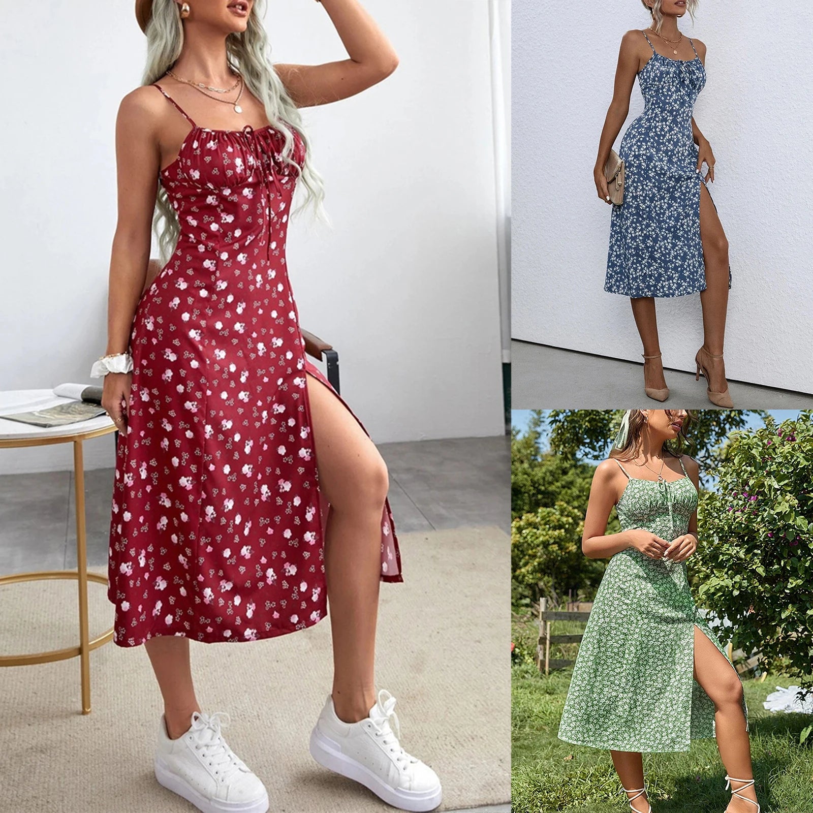 Robe d'été florale pour femme 2026 Tendance, robe à fines bretelles sans manches imprimé fleuri avec fente haute pour femme