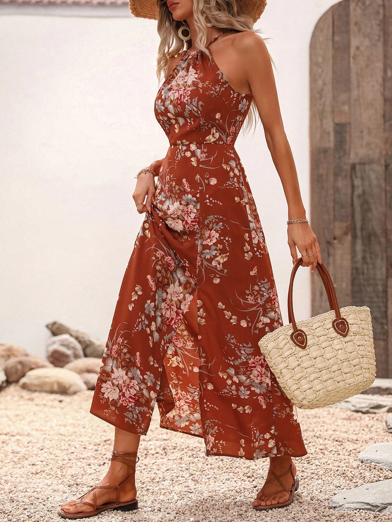Robe licou fendue sur la cuisse à imprimé floral pour femme - sans manches, moulante, sexy, pour la plage ou les clubs