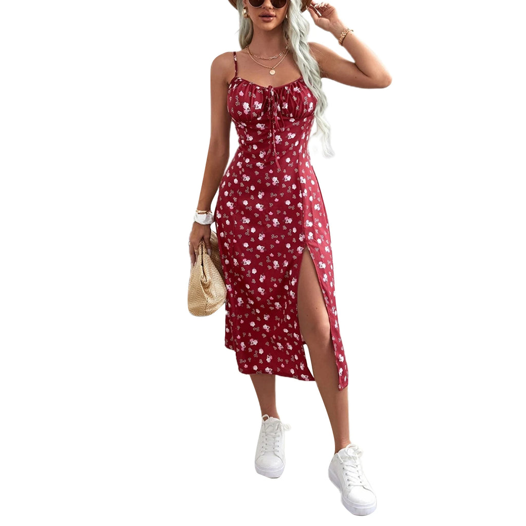 Robe d'été florale pour femme 2026 Tendance, robe à fines bretelles sans manches imprimé fleuri avec fente haute pour femme