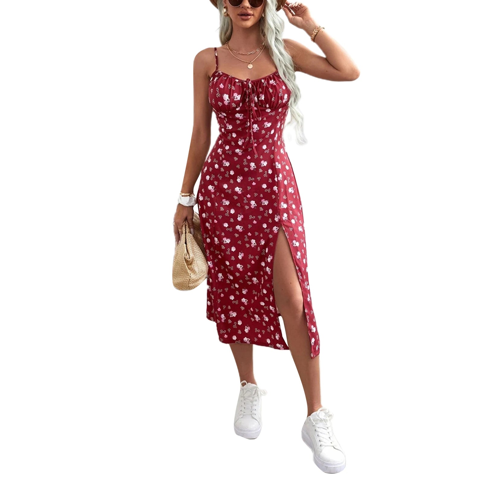 Robe d'été florale pour femme 2026 Tendance, robe à fines bretelles sans manches imprimé fleuri avec fente haute pour femme