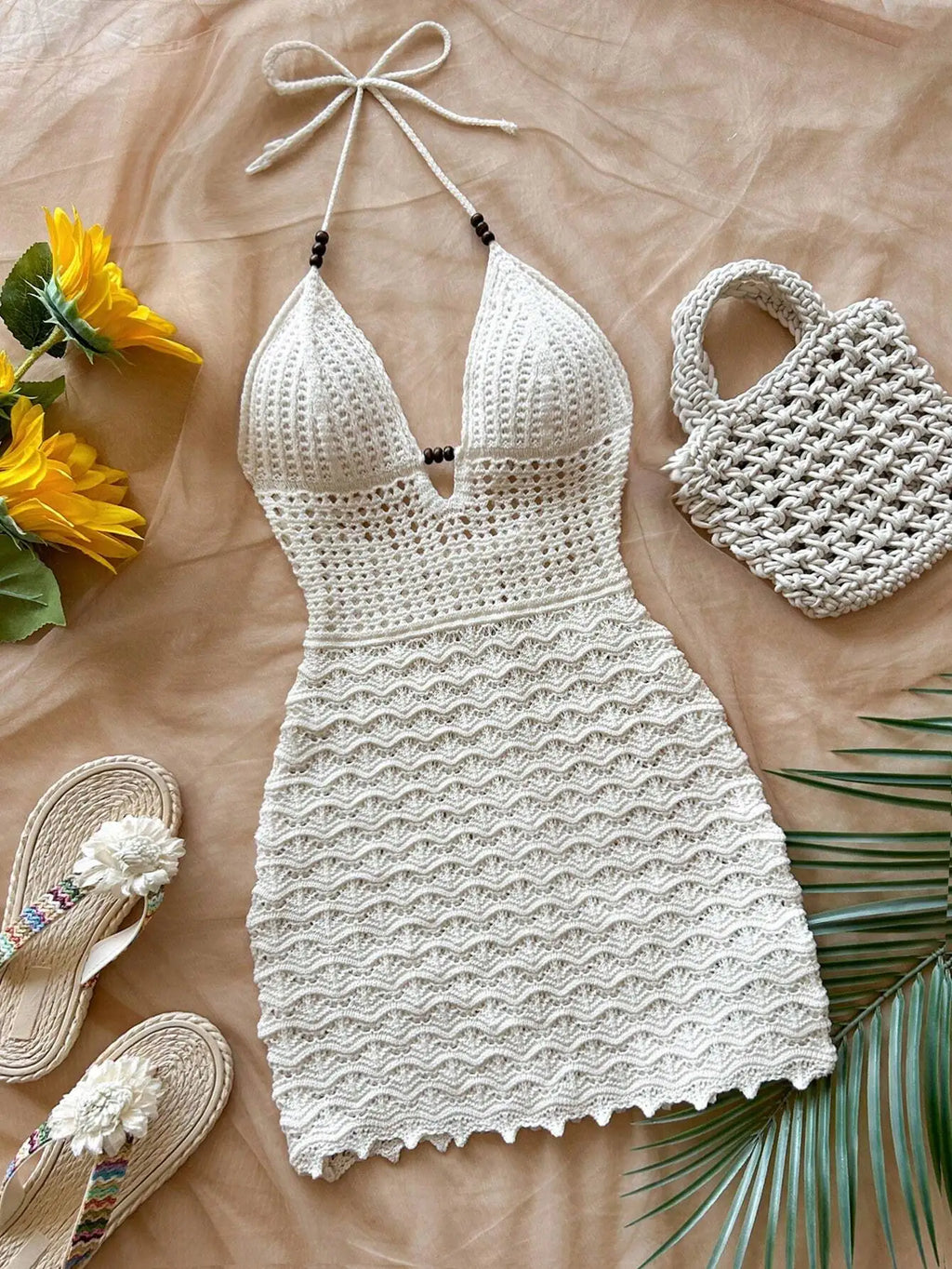 Robe sans bretelles à col en V pour femmes, creuse, avec perles en bois, coupe slim, couleur dégradée, tricotée, sexy, tenue de vacances