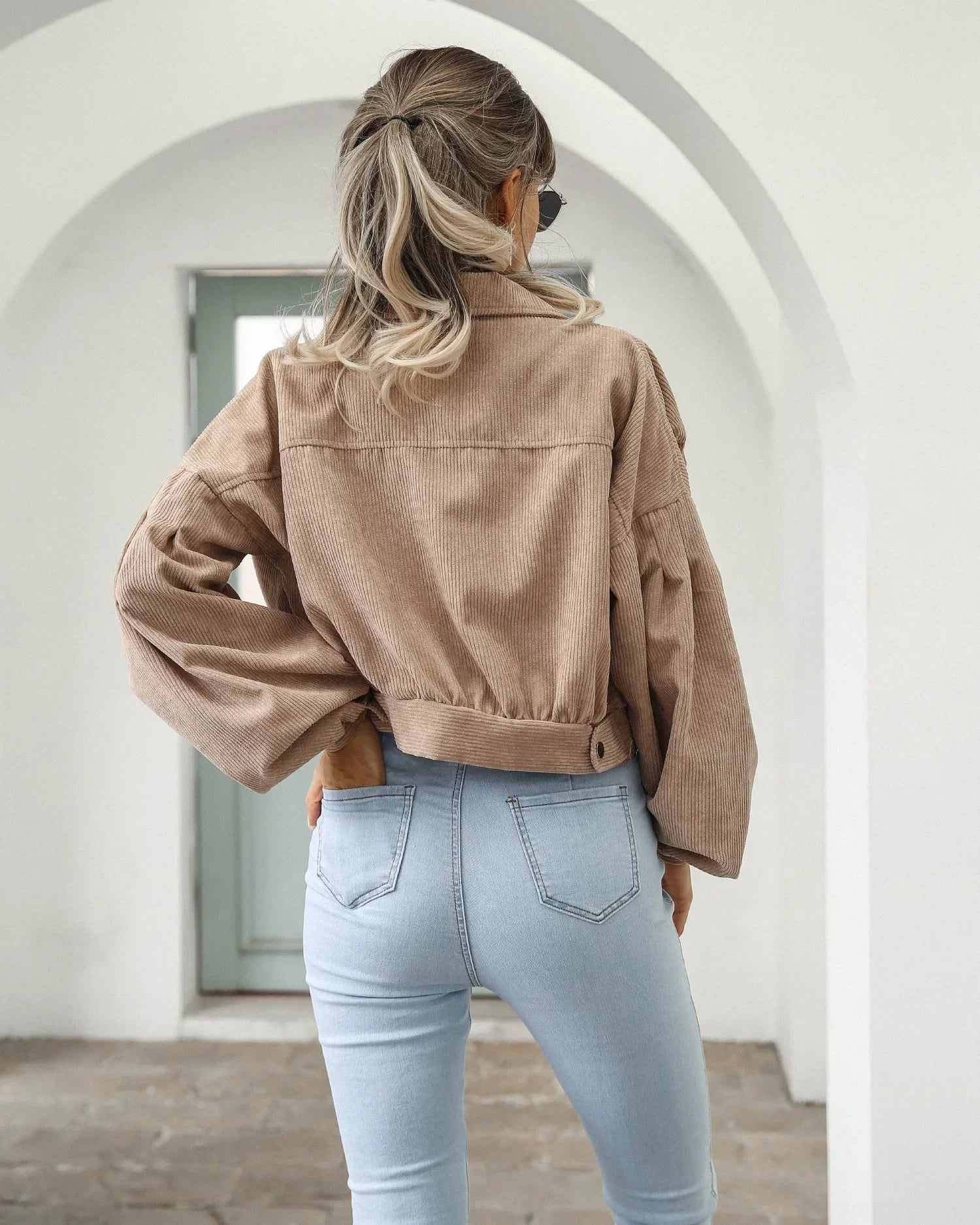 New Autumn Winter Jackets for Women Lantern Sleeve Tops Cropped Bomber Jacket Overcoat Outwear clothes Corduroy Coat 18047