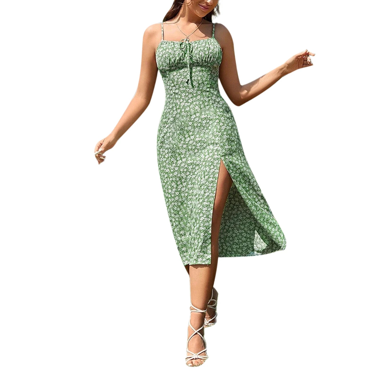 Robe d'été florale pour femme 2026 Tendance, robe à fines bretelles sans manches imprimé fleuri avec fente haute pour femme