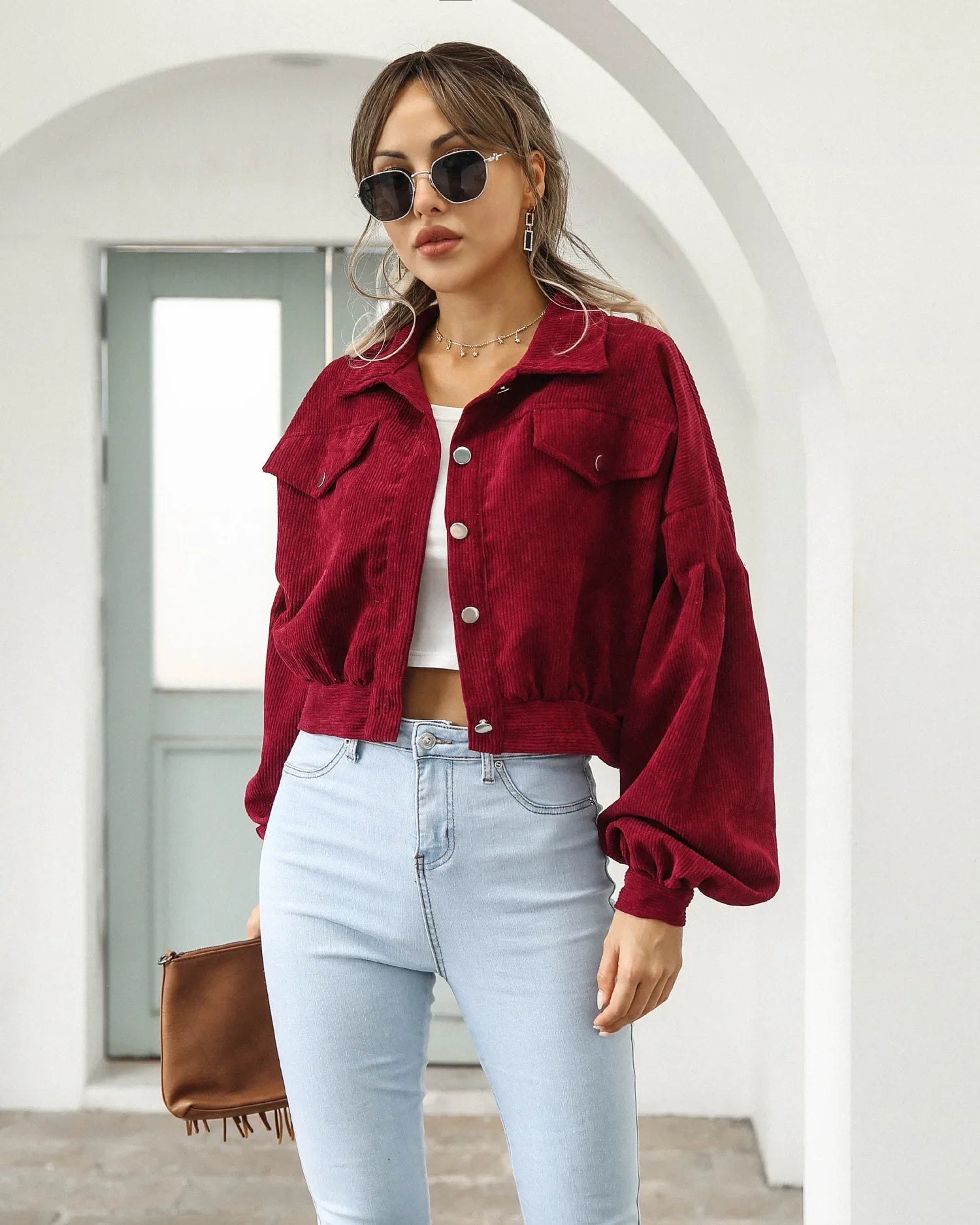 New Autumn Winter Jackets for Women Lantern Sleeve Tops Cropped Bomber Jacket Overcoat Outwear clothes Corduroy Coat 18047