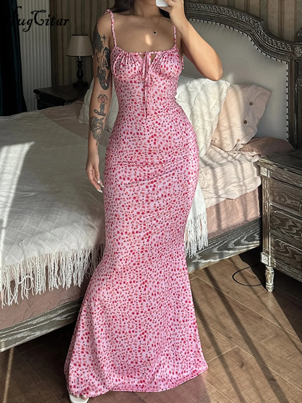 Hugcitar Robe longue élégante et moulante à fleurs pour femme, style bohème, tenue de ville, été 2026, vente en gros d'articles pour entreprises