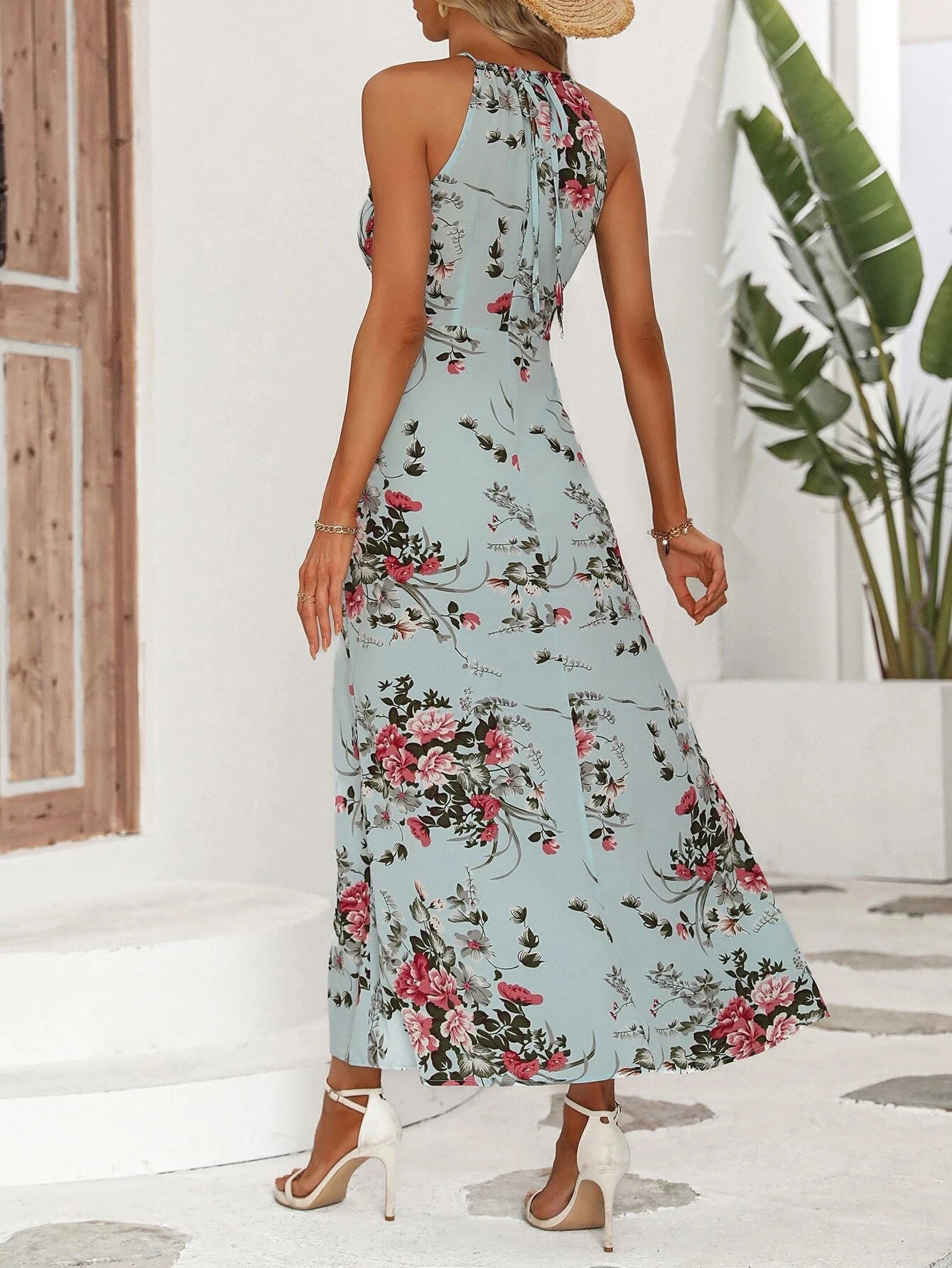 Robe licou fendue sur la cuisse à imprimé floral pour femme - sans manches, moulante, sexy, pour la plage ou les clubs