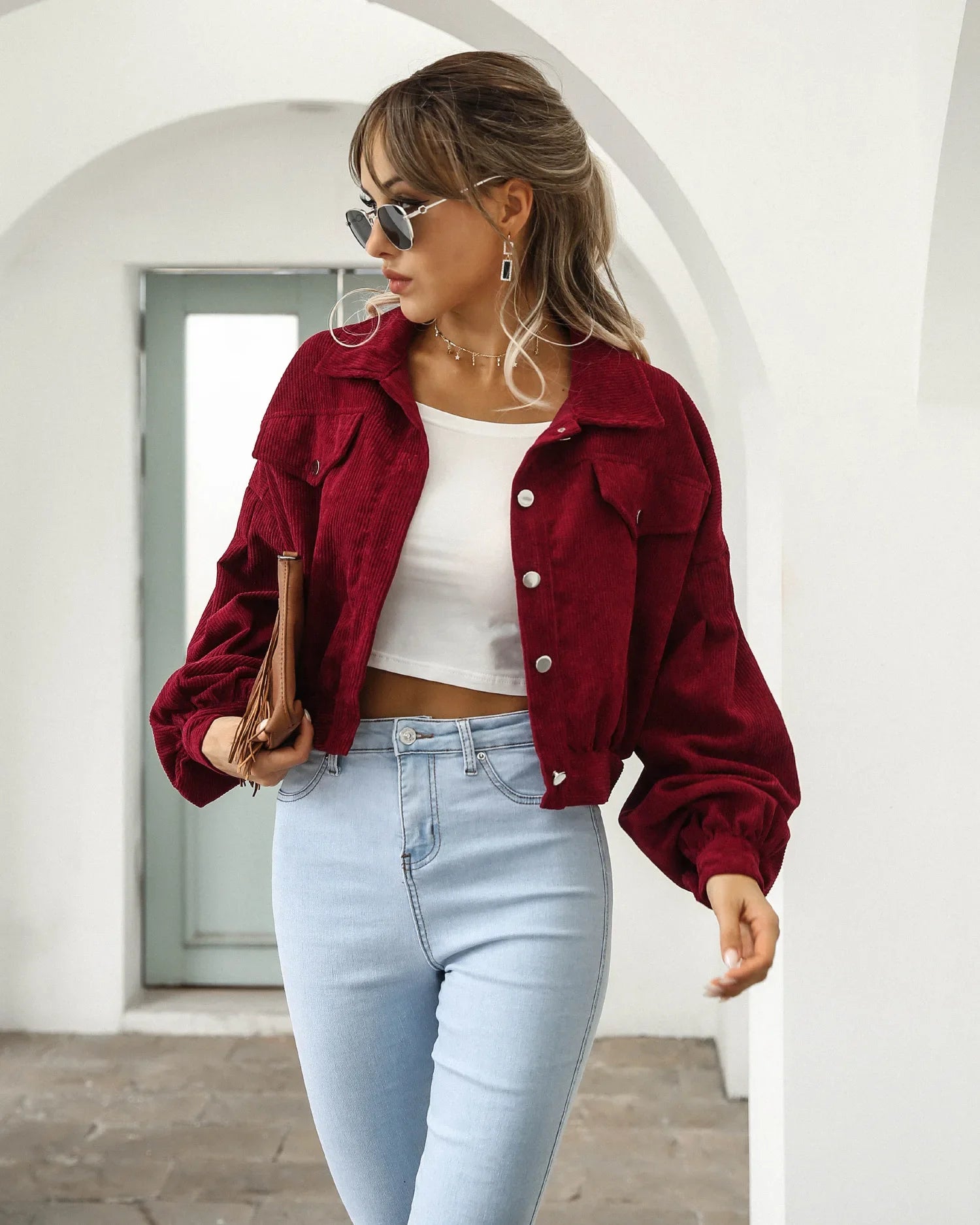 New Autumn Winter Jackets for Women Lantern Sleeve Tops Cropped Bomber Jacket Overcoat Outwear clothes Corduroy Coat 18047