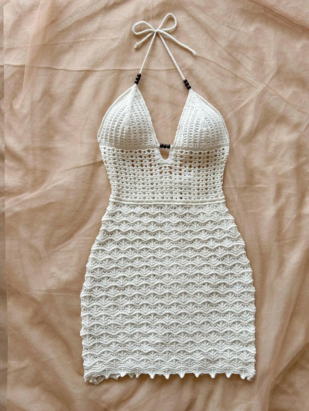 Robe sans bretelles à col en V pour femmes, creuse, avec perles en bois, coupe slim, couleur dégradée, tricotée, sexy, tenue de vacances