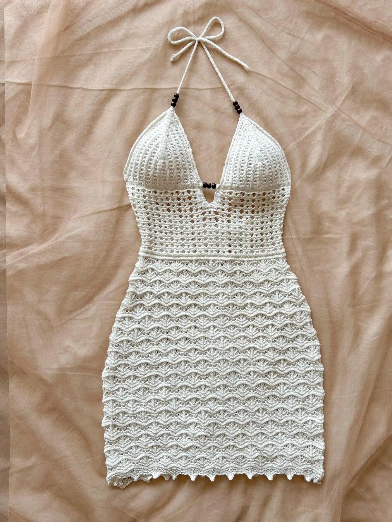 Robe sans bretelles à col en V pour femmes, creuse, avec perles en bois, coupe slim, couleur dégradée, tricotée, sexy, tenue de vacances