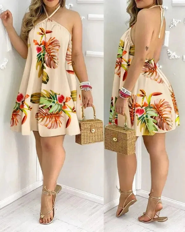 Robe imprimée florale à col dos nu style bohème pour le printemps et l'été. Vêtements pour femmes.