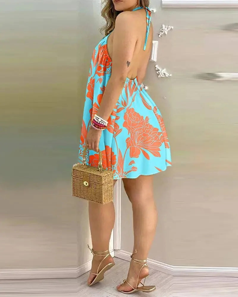 Robe imprimée florale à col dos nu style bohème pour le printemps et l'été. Vêtements pour femmes.