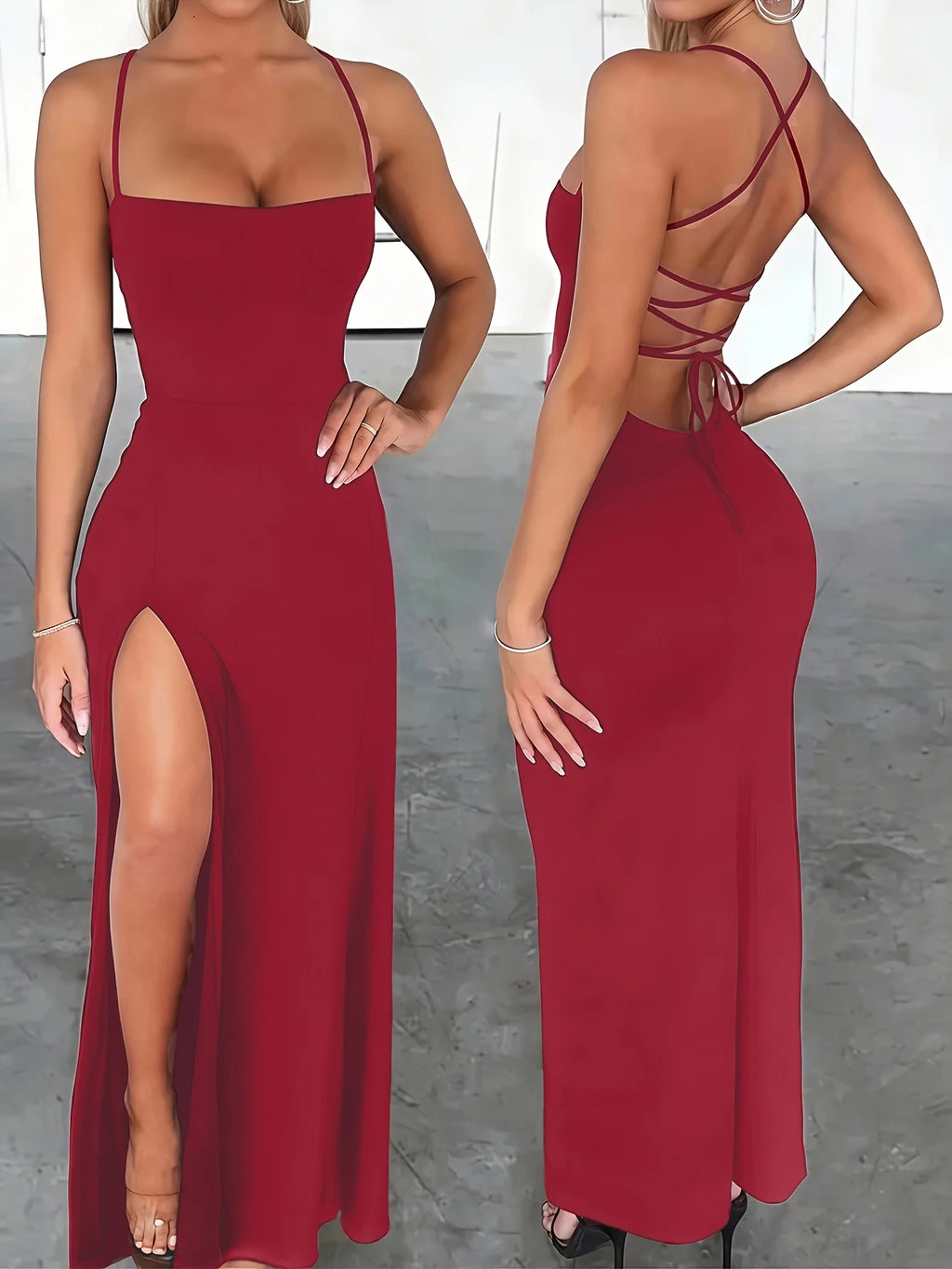 Robe longue sexy moulante pour femme avec fente haute, bretelles croisées et laçage, dos nu avec bretelles
