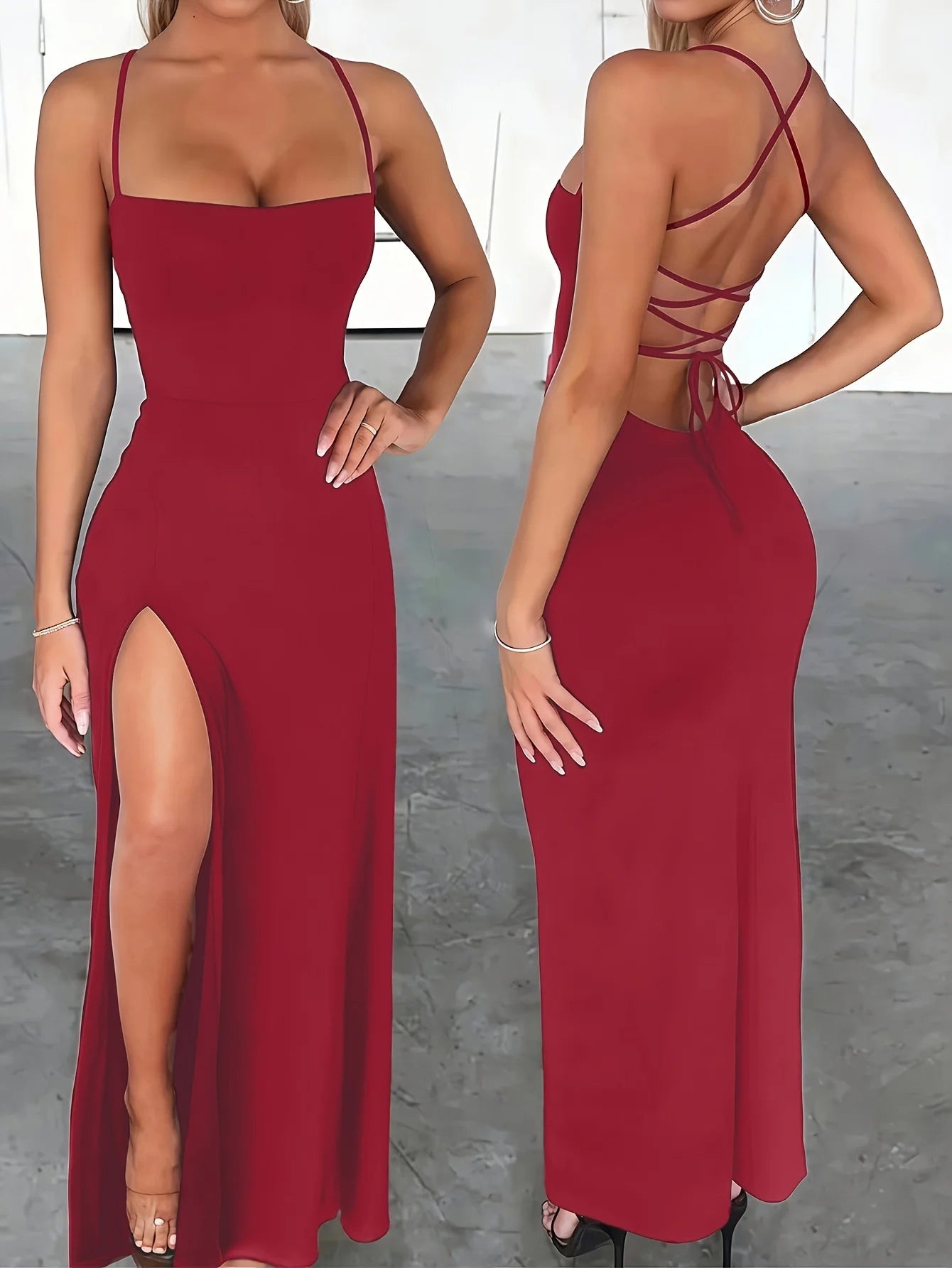 Robe longue sexy moulante pour femme avec fente haute, bretelles croisées et laçage, dos nu avec bretelles