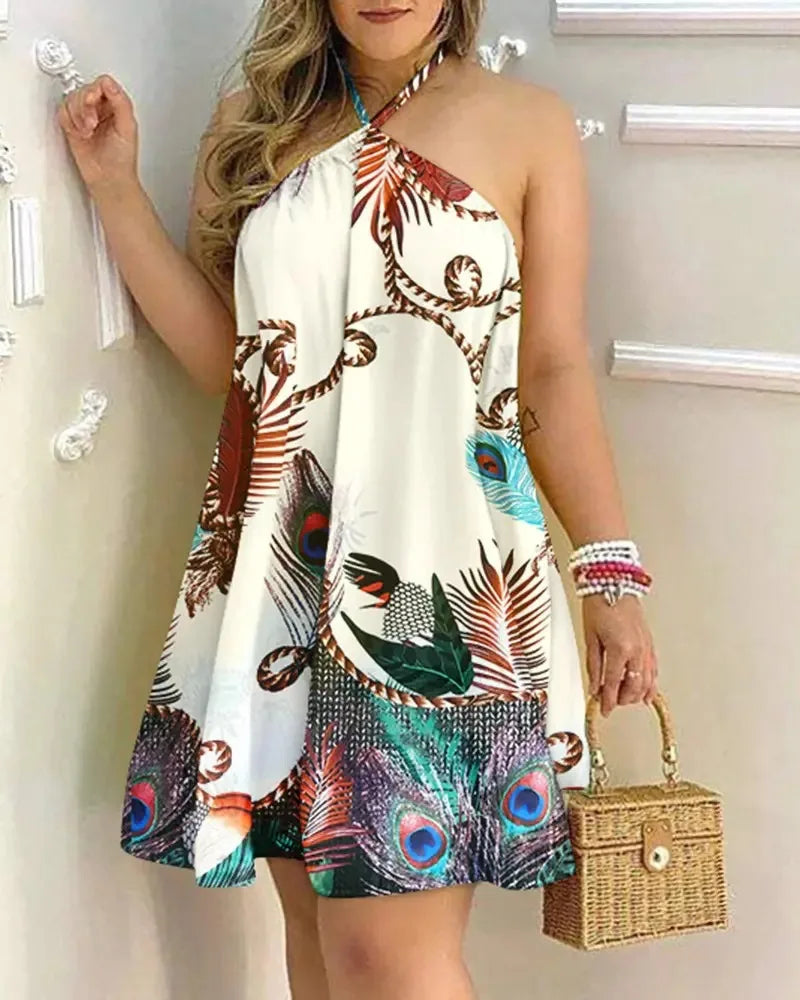 Robe imprimée florale à col dos nu style bohème pour le printemps et l'été. Vêtements pour femmes.