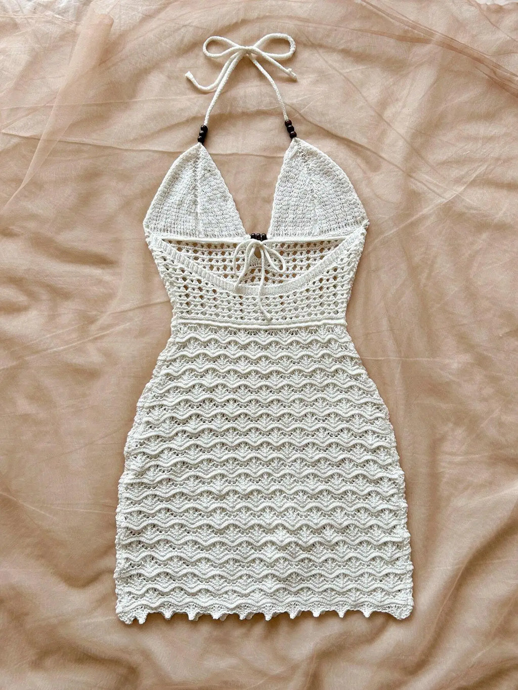 Robe sans bretelles à col en V pour femmes, creuse, avec perles en bois, coupe slim, couleur dégradée, tricotée, sexy, tenue de vacances