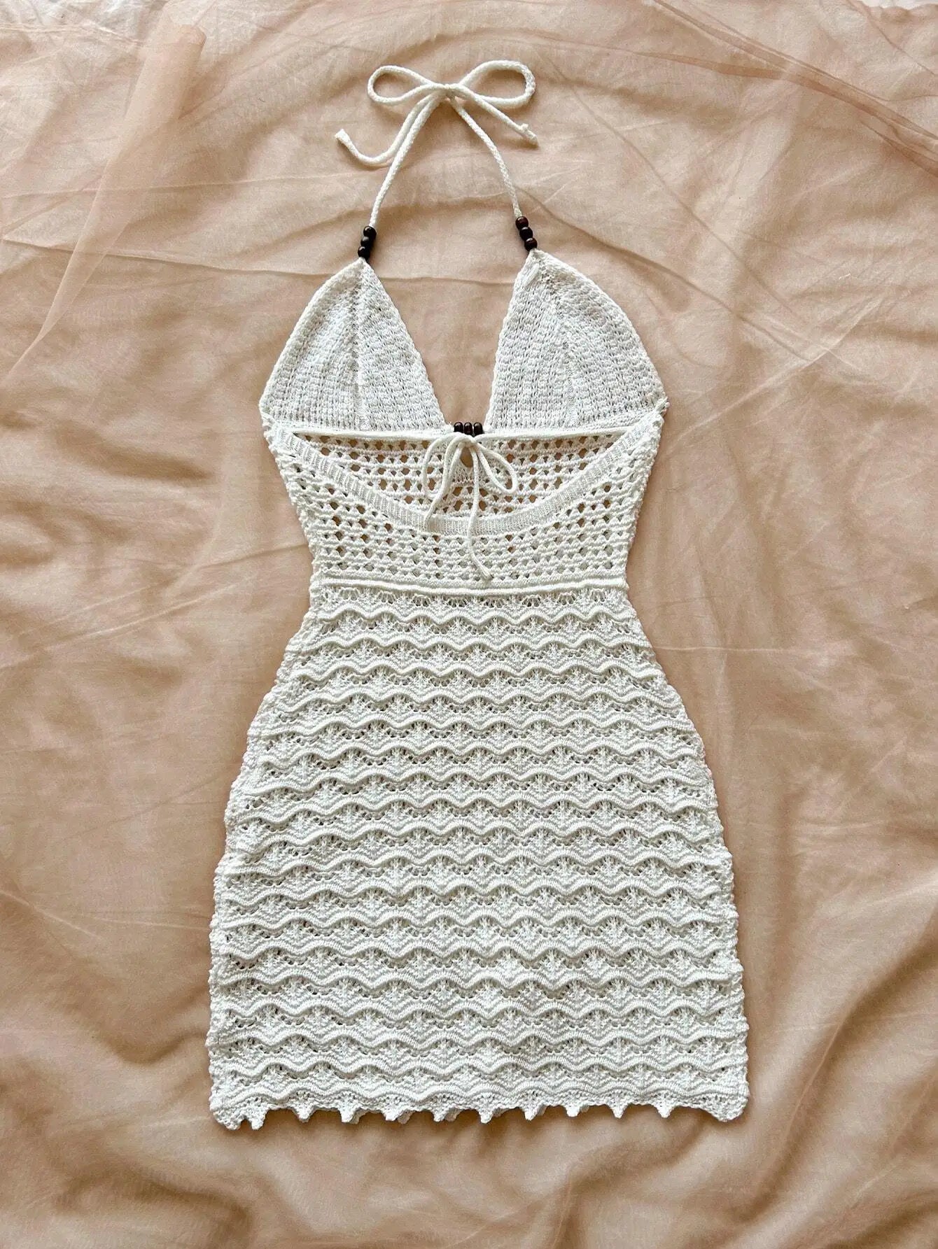 Robe sans bretelles à col en V pour femmes, creuse, avec perles en bois, coupe slim, couleur dégradée, tricotée, sexy, tenue de vacances