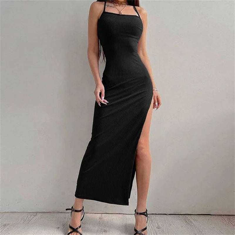 Robe longue fourreau noire sexy pour femme, été, sans manches, dos nu, col licou, bretelles spaghetti, fente haute, Vestidos