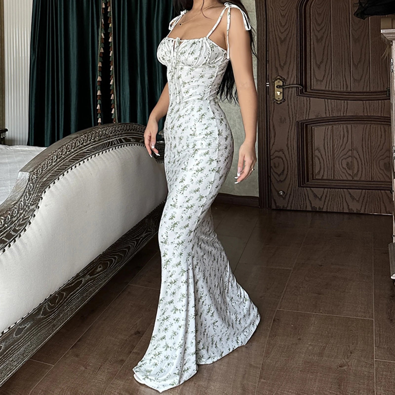 Robe mi-longue d'été à fleurs 2025, pour femme, à bretelles spaghetti, à nouer, col en V, fendue, sexy, vintage, élégante.