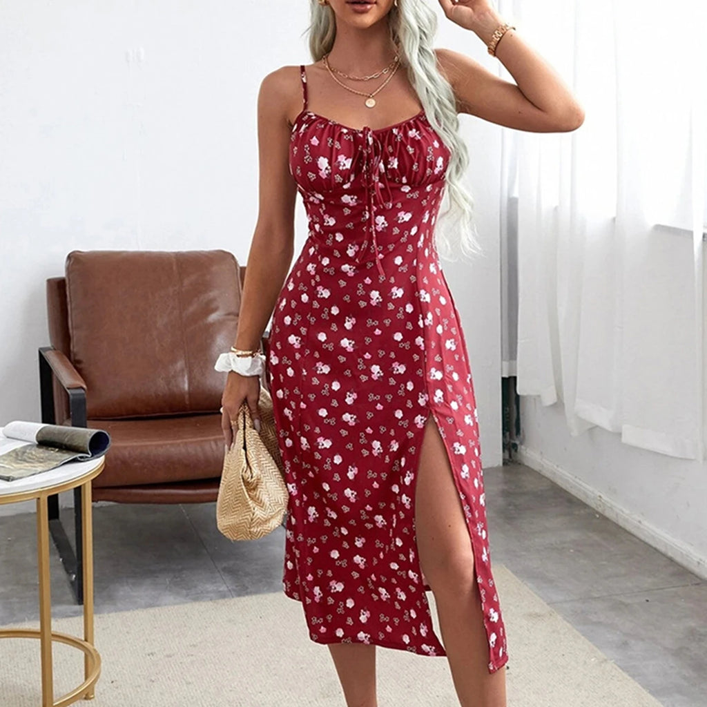Robe d'été florale pour femme 2026 Tendance, robe à fines bretelles sans manches imprimé fleuri avec fente haute pour femme