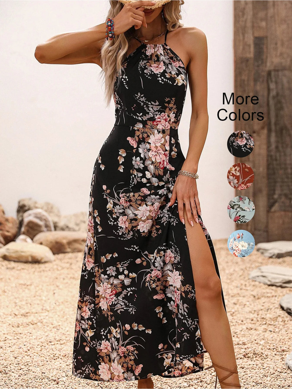 Robe licou fendue sur la cuisse à imprimé floral pour femme - sans manches, moulante, sexy, pour la plage ou les clubs