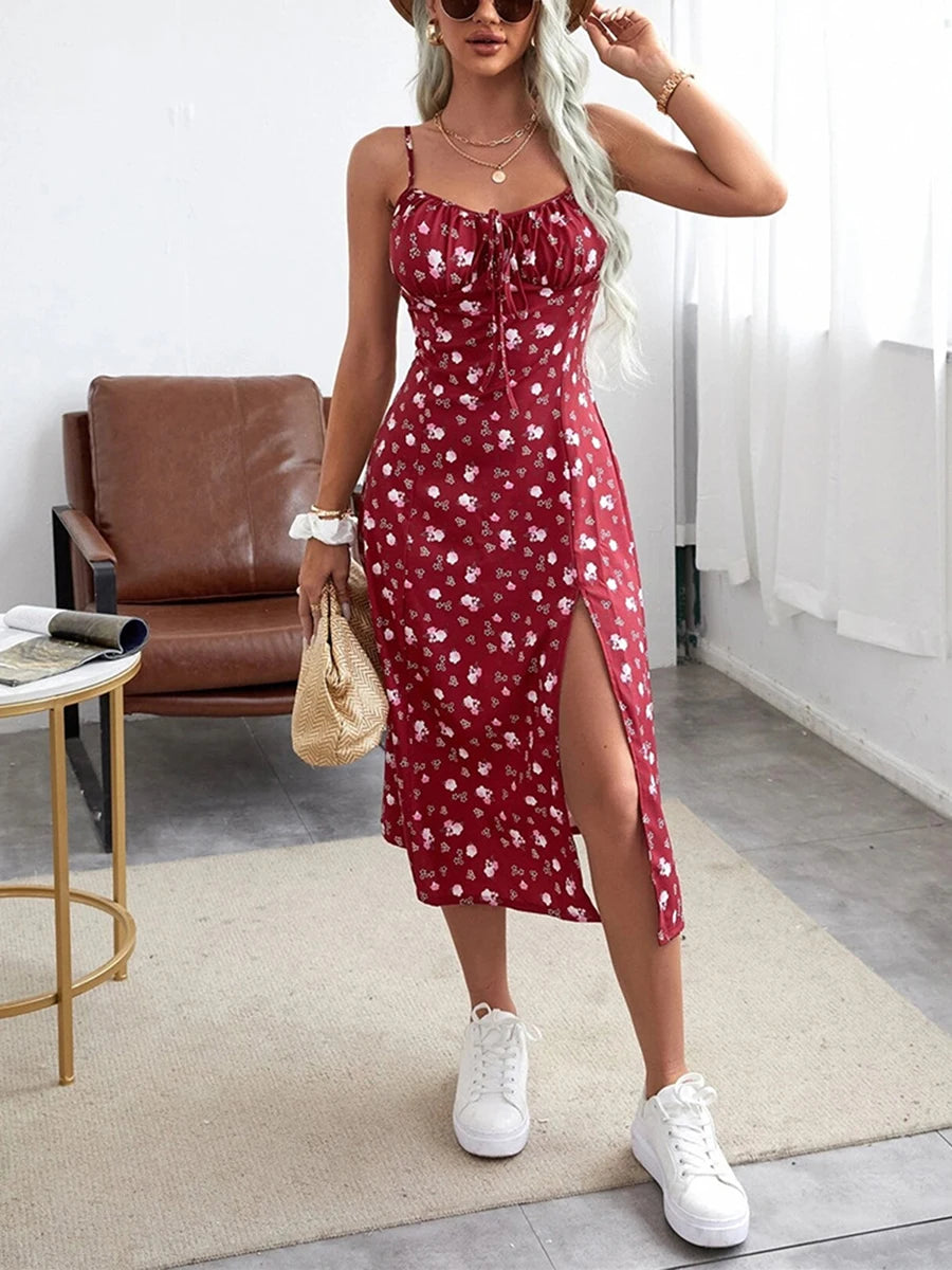 Robe d'été florale pour femme 2026 Tendance, robe à fines bretelles sans manches imprimé fleuri avec fente haute pour femme