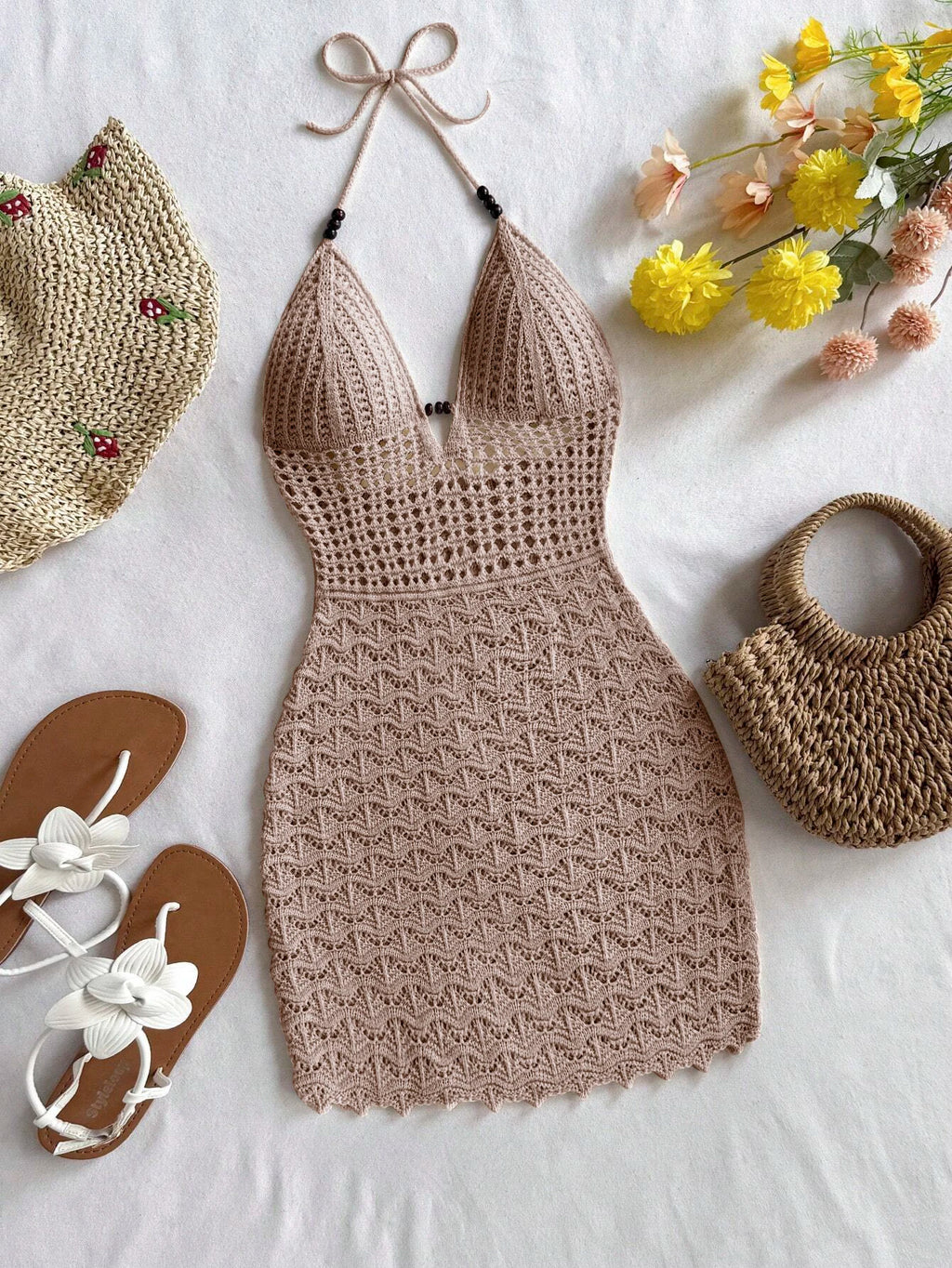Robe sans bretelles à col en V pour femmes, creuse, avec perles en bois, coupe slim, couleur dégradée, tricotée, sexy, tenue de vacances