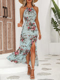 Robe licou fendue sur la cuisse à imprimé floral pour femme - sans manches, moulante, sexy, pour la plage ou les clubs