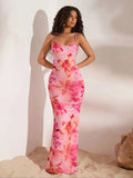 Robe longue élégante à fleurs pour femme, coupe sirène, épaules dénudées ou asymétrique, imprimé floral rose, silhouette trapèze sans manches, col rond, lavable en machine.