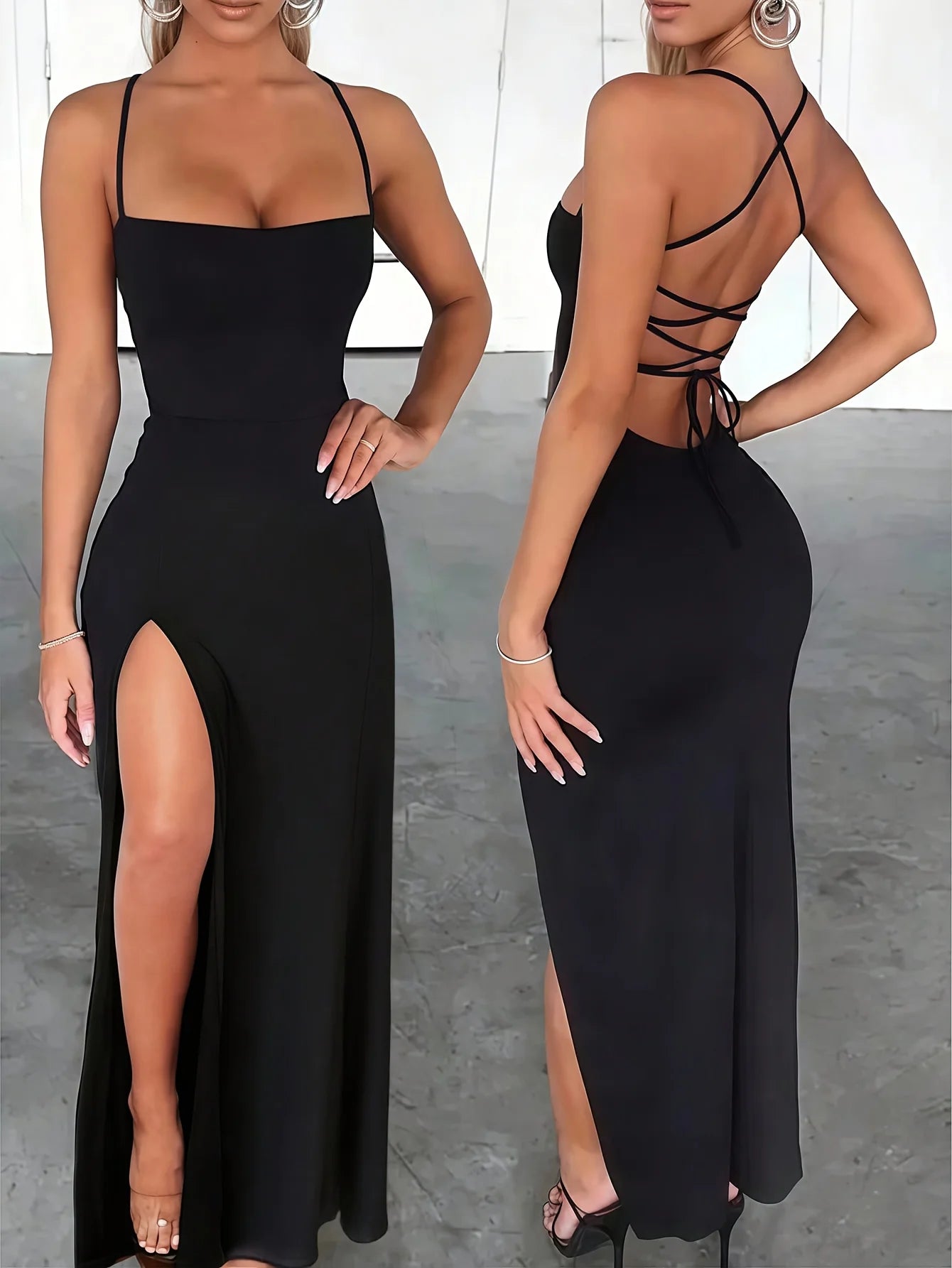 Robe longue sexy moulante pour femme avec fente haute, bretelles croisées et laçage, dos nu avec bretelles